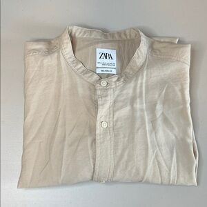 Zara Mandarin Collar Button Down Shirt Beige Size Medium
